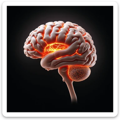 hyper-realistic medical CGI of an obese man's brain scan showing inflamed hippocampus in red, shrunken prefrontal cortex, yellow lightning representing glucose spikes disrupting neural pathways, black clots as amyloid plaques, constricted blood vessels, 4K resolution, clinical style sticker