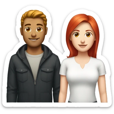a gay man with short dark hair and a white woman with long red hair sticker