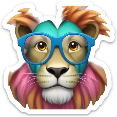 smyart lion with glasses being technical. Lion is blue, green, pink and orange sticker