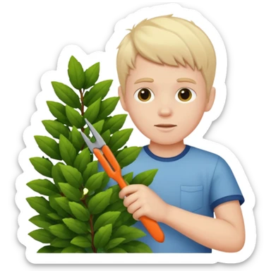 white kid trimming a decorative bush sticker