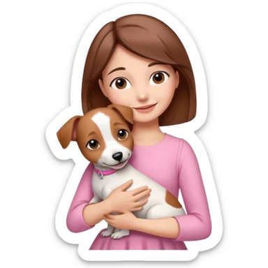 Joven mujer pelo marron vestida de rosado abrazando a su perro color beige crema que es un estilo de jack russel sticker