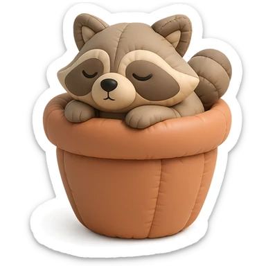 sleepy raccoon inside a flower pot, pastel earthy colors, cushion style sticker