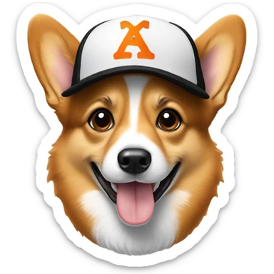 corgi wearing a black baseball hat with a small orange square with white letters "YC" logo sticker