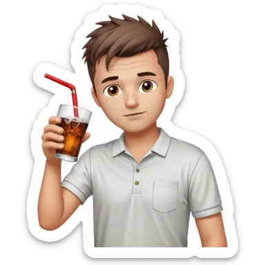 Handsome male.short messy brown hair.mowhawk hairstyle. wearing white golf shirt.grey shorts. Drinking brandy and coke . Drunk sticker