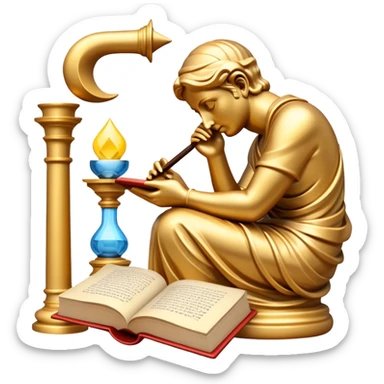 An icon featuring a thinker statue, a scroll, symbolizing philosophy. The design includes books and abstract symbols representing deep thought and wisdom. Transparent background highlights the study of ideas, logic, and existential questions sticker
