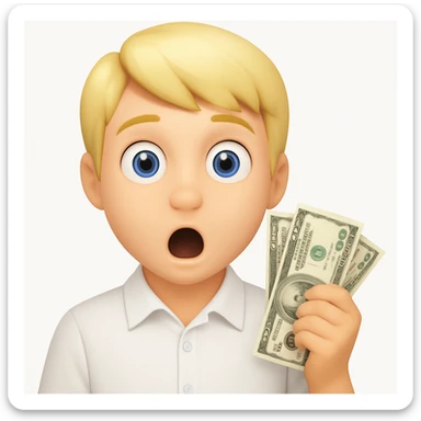 Emoji style, blonde man, blue eyes, white shirt, holding money, surprised, no facial hair sticker