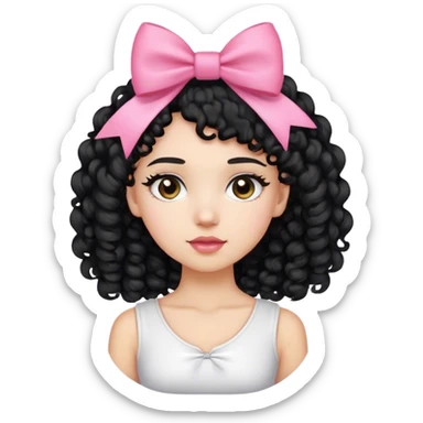Light skined girl with black curly hair till the neck wearing white top or shirt and a pink bow on her hair in the left side  sticker
