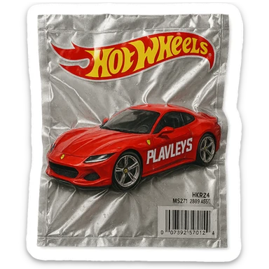 Hot Wheels packaging with a red Ferrari featuring bold racing-style 'PLAVLEYS' text on the car, shiny and inflated, vacuum-sealed style sticker