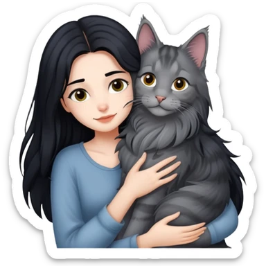 Beautiful girl with fair skin and long black hair hugs a gray Maine Coon cat sticker