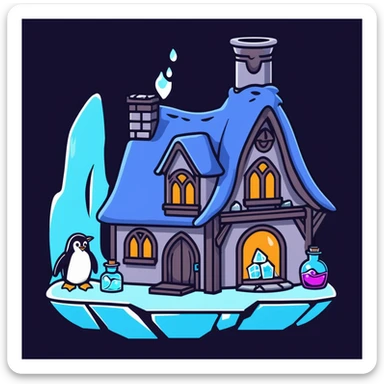 Cozy wizard's cottage for a penguin, ice cave with magical blue glow and potion bottles sticker