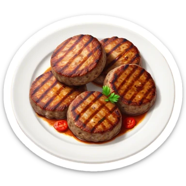 Cinematic Realistic image of Turkish Köfte, presented as perfectly formed, spiced meat patties with detailed textures and subtle grill marks, arranged artfully on a simple plate and illuminated by warm, appetizing lighting that accentuates their savory appeal. sticker