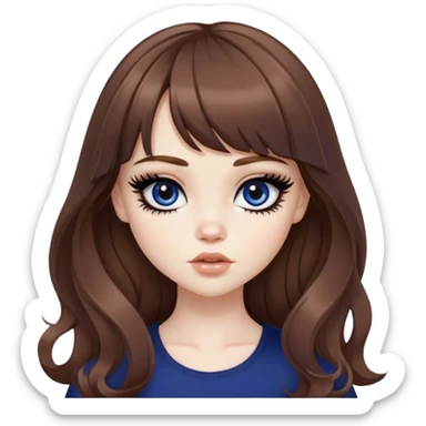 wavy brown long bangs hair, pale skin,  dark blue iris, pretty bratz baddie, strong black eyeliner sticker