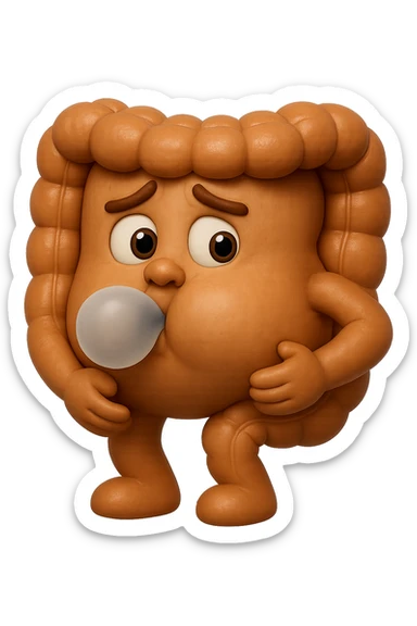 emoji stile iphone di un intestino che ingoia una nuvoletta di aria ben visibile e gli si gonfia la pancia, iperrealistico 4k sticker