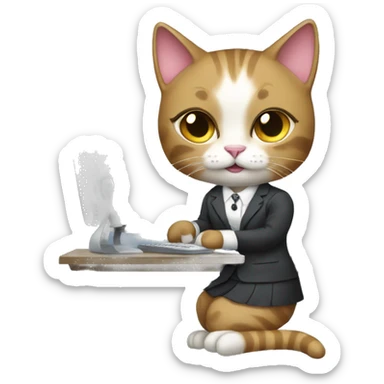  female cat in a dress suit working on a computer sticker