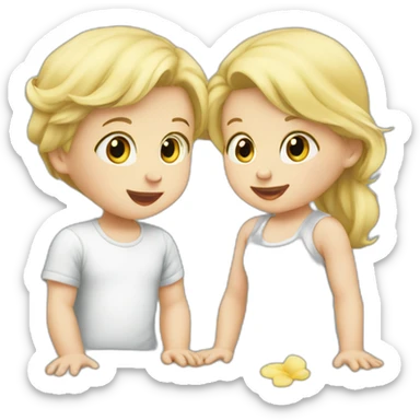 Blond Baby boy and baby girl playing sticker