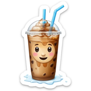 A 3D cartoon plastic cup of iced coffee with straw, clear lid, ice cubes floating, realistic condensation, bright sunlight, Memoji-style. sticker