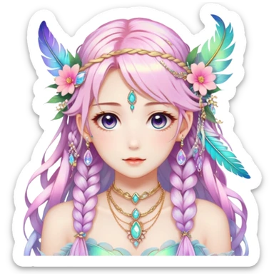 Beautiful gorgeous anime lady with beautiful iridescent-braided-hair, fashion aesthetic, ethereal, fairycore, pastelcore, feathers, flowers, gems, accessories, jewelries, gold, colorful sticker
