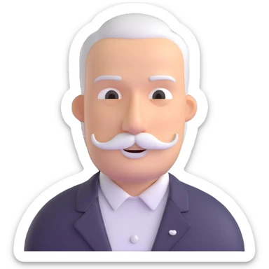 man with oval-shaped flat-top head, bushy white mustache, wearing a white shirt with three white buttons sticker