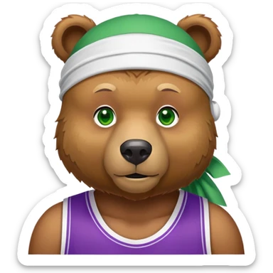 Stylish brown bear with green eyes wearing a white durag and purple and gold basketball jersey visible only to the shoulders, iOS emoji style sticker