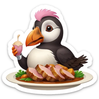 pink-colored puffin eating roast dinner sticker