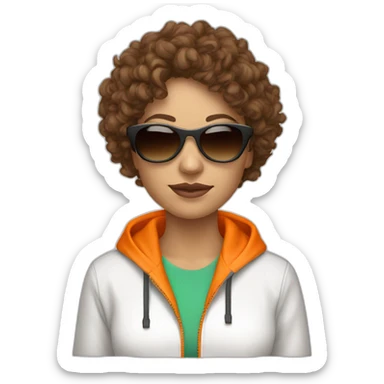 generate a brown curly hair white woman with sunglasses, she wear a orange tracksuit  sticker