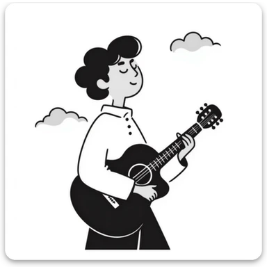A musician holding a guitar, with a sad expression, looking up at the sky, waiting for an opportunity sticker