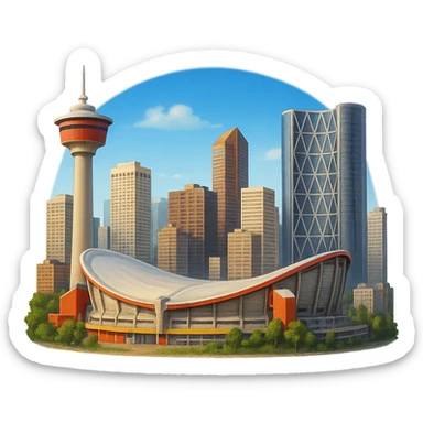 cinematic, realistic emoji of Calgary, featuring a skyline with iconic landmarks such as the Calgary Tower, Saddledome, and the Bow Building, with lifelike detail, accurate colors, bright lighting, wide city view, fully transparent background sticker