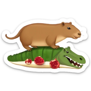 capybara riding an alligator eating a pomegranate  sticker