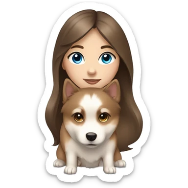 Brown haired straight long hair girl holding a brown and beige pomsky with blue eyes sticker