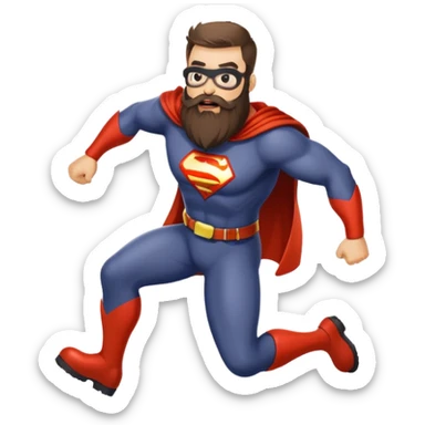 funny superhero with oversized beard tripping on his beard, clumsy superhero sticker