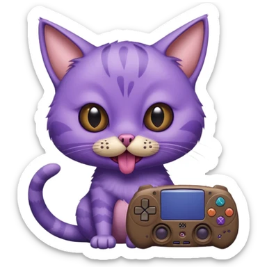 purple cat with huge eyes smelly lines and their massive brown tongue out also a playstation next to it and an ostrich on its back realistic sticker