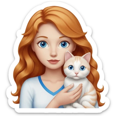 Long wavy strawberry blonde blue eyes woman with a white cat with blue eyes realistic  sticker