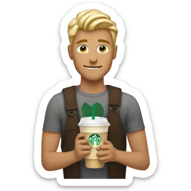 blonde guy holding a Starbucks iced latte sticker