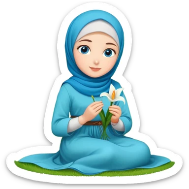 Turkish beautiful finish Konya girl blue eyes with lily flower hijab long tail dress and sits on the grass on the ground and hold lily flower on hand  sticker