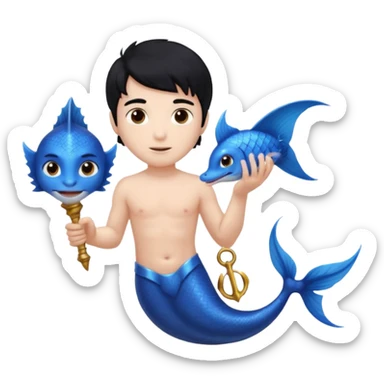 boy, black hair, brown eyes, white skin, Triton, with Triton in hand and blue Triton tail on the side. sticker