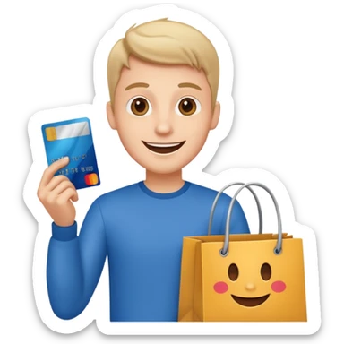 emoji of a cheerful guy with a credit card and a shopping bag sticker