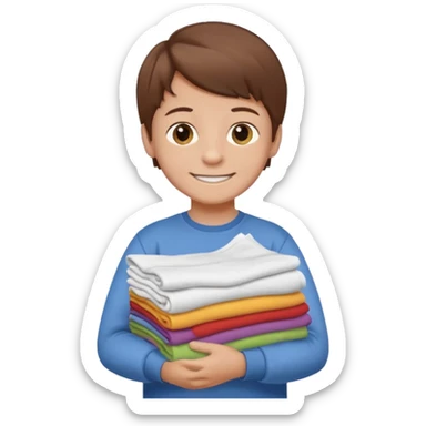 Little boy with brown hair smiling and carrying a stack of clean folded clothes sticker