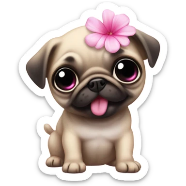 Baby pug playing with a flower pink eyes  sticker