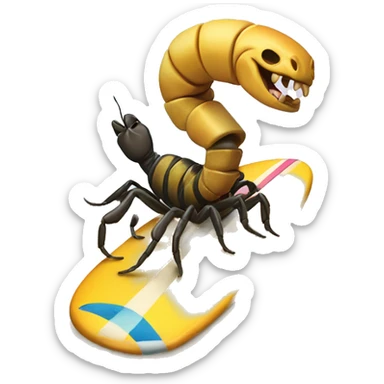 scorpion on a surf board, riding a wave, while eating a cheeseburger sticker