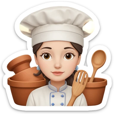 cartoon Apple iOS emoji style woman, pastel colors, Chilean wooden kitchen background, clay pots, warm light, detailed and clean vector art sticker
