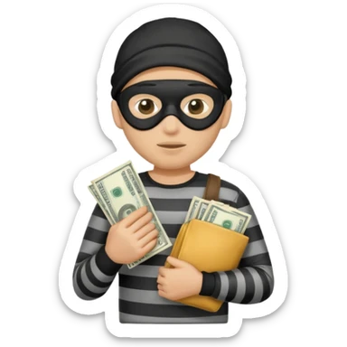 robber emoji holding a cash bag, Google style, cartoon burglar with mask and striped shirt sticker