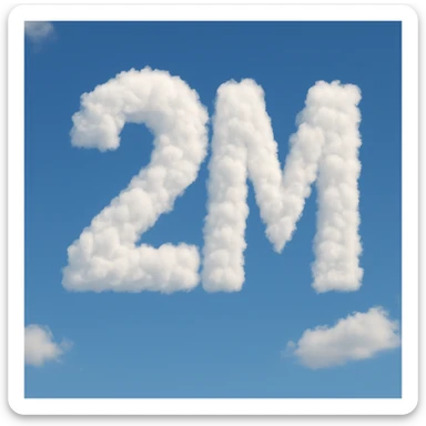 A cloud formation shaped like the number 2 and the letter M together, with a blue sky background. sticker