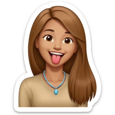 Woman with light brown skin and long brown straight hair holding her neck with her tongue out laughing  sticker