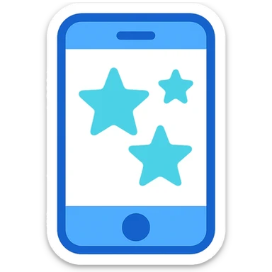 Smartphone icon with three stars inside the screen, flat emoji style, outline with blue and turquoise colors, white background sticker