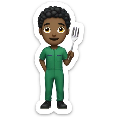 A young man with no facial hair, and hair that is part black part purple. The man has a green jumpsuit that says 230 on it and he is holding up a metal fork sticker