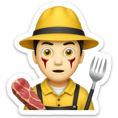 scary evil man look like from friday 13th with the yellow hat and meat khife sticker