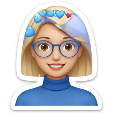 Asthectic pretty Blonde women brown eyes, blue glasses, wearing a brown polo neck shirt and smiling with hearts around her. sticker