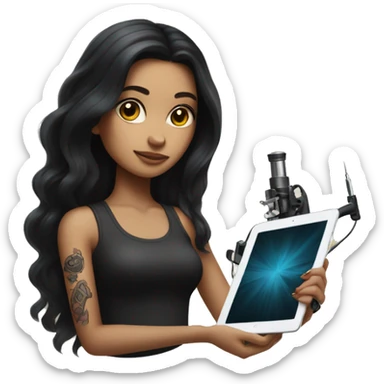 a girl with long dark hair holds a tattoo machine and an iPad sticker