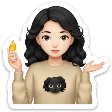 Beautiful girl,Black hair, wavy long hair,Black eyes,Chinese, beige sweater  sticker