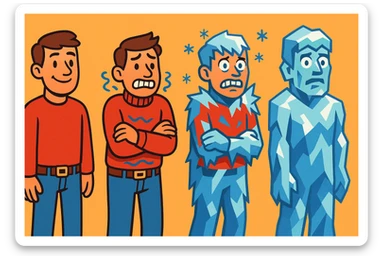 a man gradually freezing, showing stages from normal to covered in ice, expressive face, clear progression, vibrant toon style sticker